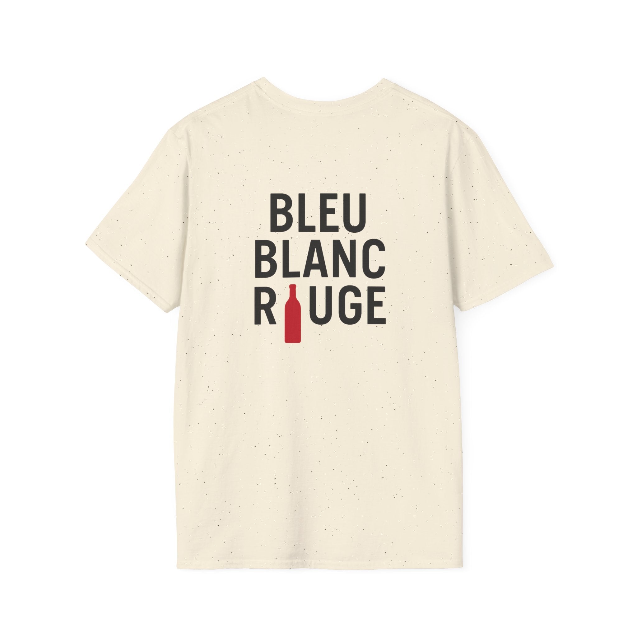 T-shirt La Famille Française beige – logo coq tricolore côté cœur et dos “Bleu Blanc Rouge” avec bouteille de vin rouge à la place du mot "rouge". 