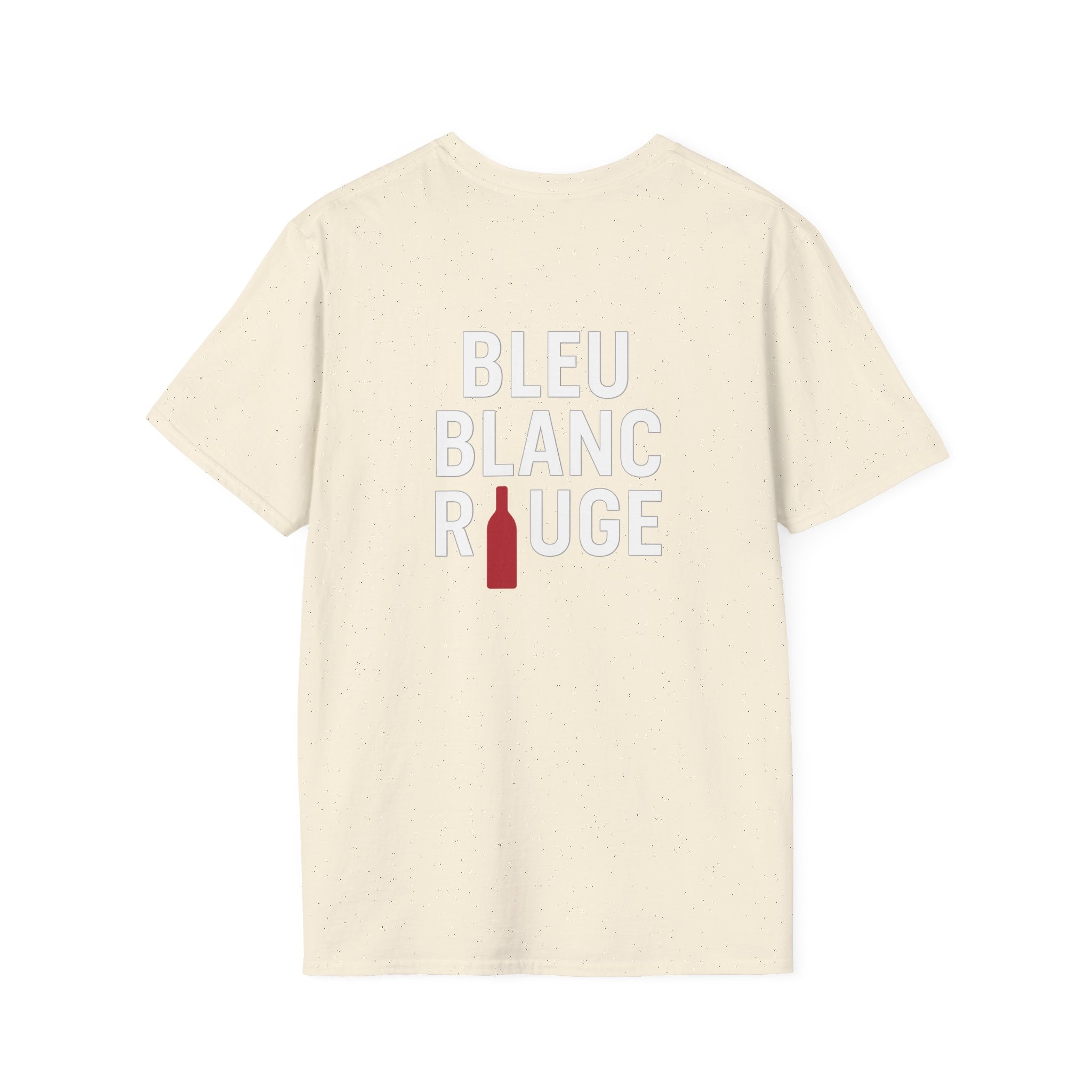 T-shirt La Famille Française beige – logo coq tricolore côté cœur et dos “Bleu Blanc Rouge” avec bouteille de vin rouge à la place du mot "rouge". 
