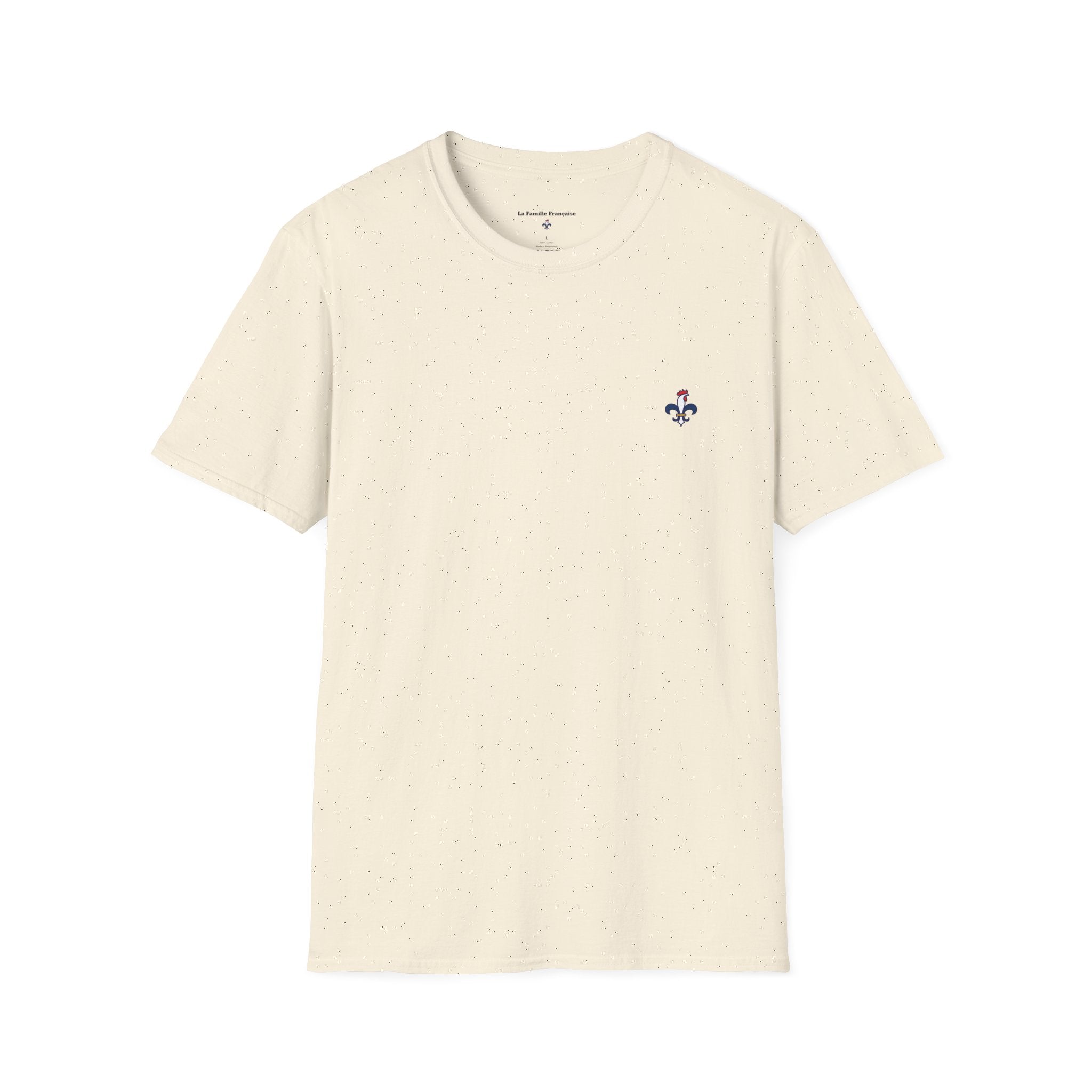 T-shirt La Famille Française beige – logo coq tricolore côté cœur et dos inscription humoristique “La CAF : Caisse d'Alimentaiton des Feinéants”.