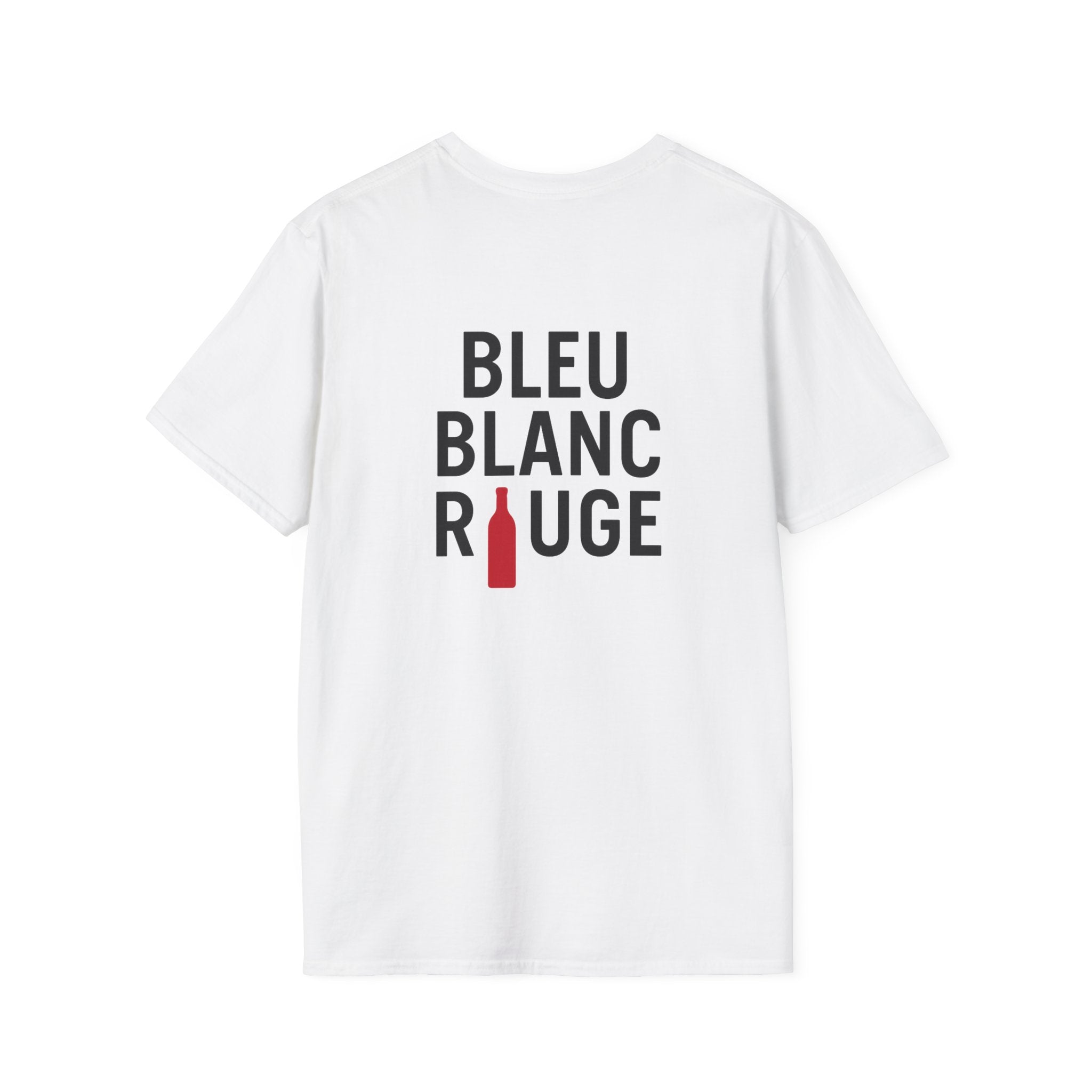 T-shirt La Famille Française blanc – logo coq tricolore côté cœur et dos “Bleu Blanc Rouge” avec bouteille de vin rouge à la place du mot "rouge". 