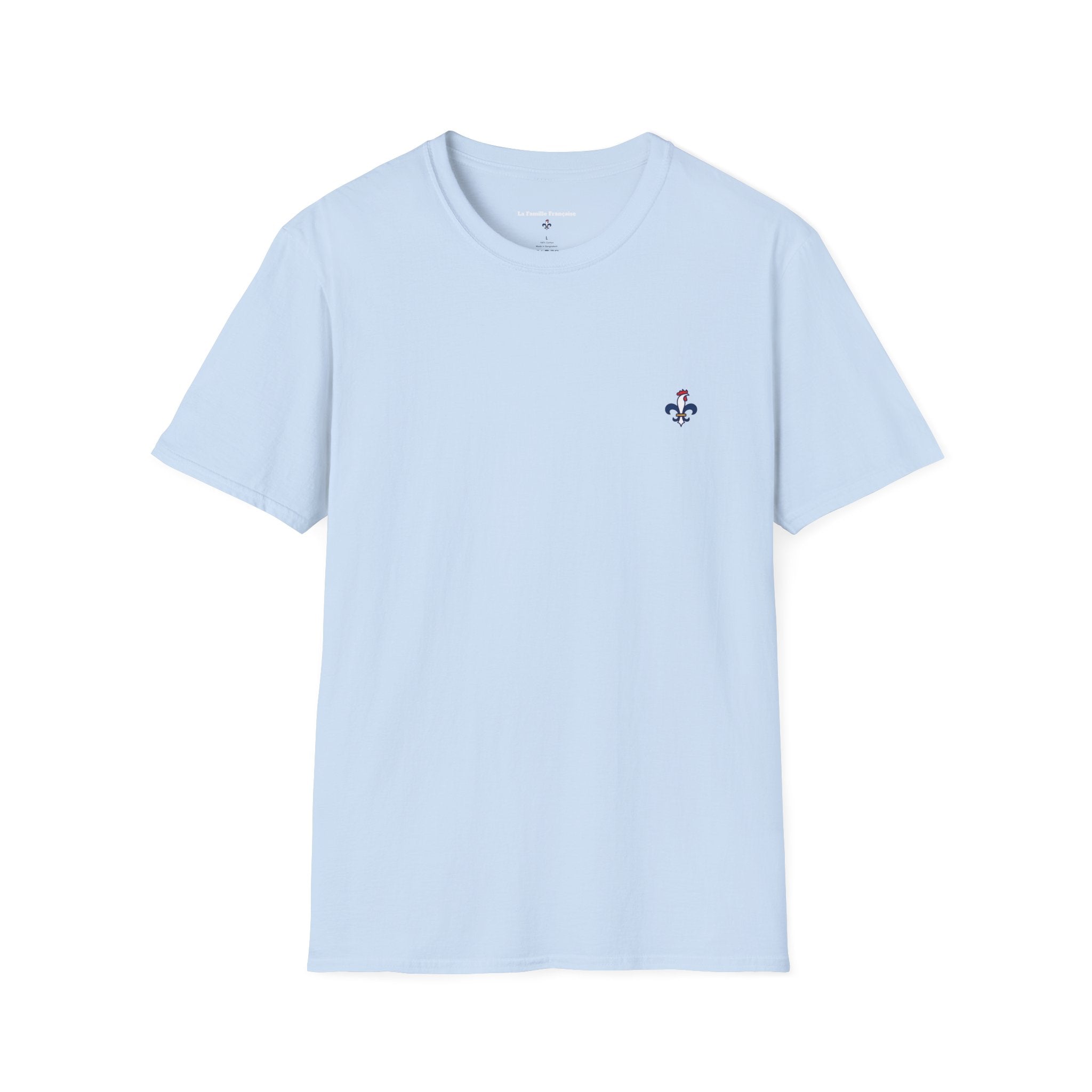 T-shirt La Famille Française bleu clair – logo coq tricolore côté cœur et dos inscription humoristique “La CAF : Caisse d'Alimentaiton des Feinéants”. 