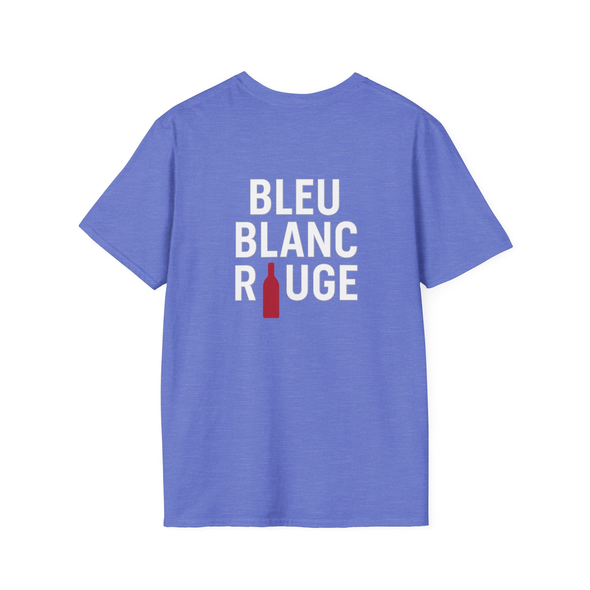 T-shirt La Famille Française bleu électrique – logo coq tricolore côté cœur et dos “Bleu Blanc Rouge” avec bouteille de vin rouge à la place du mot "rouge". 