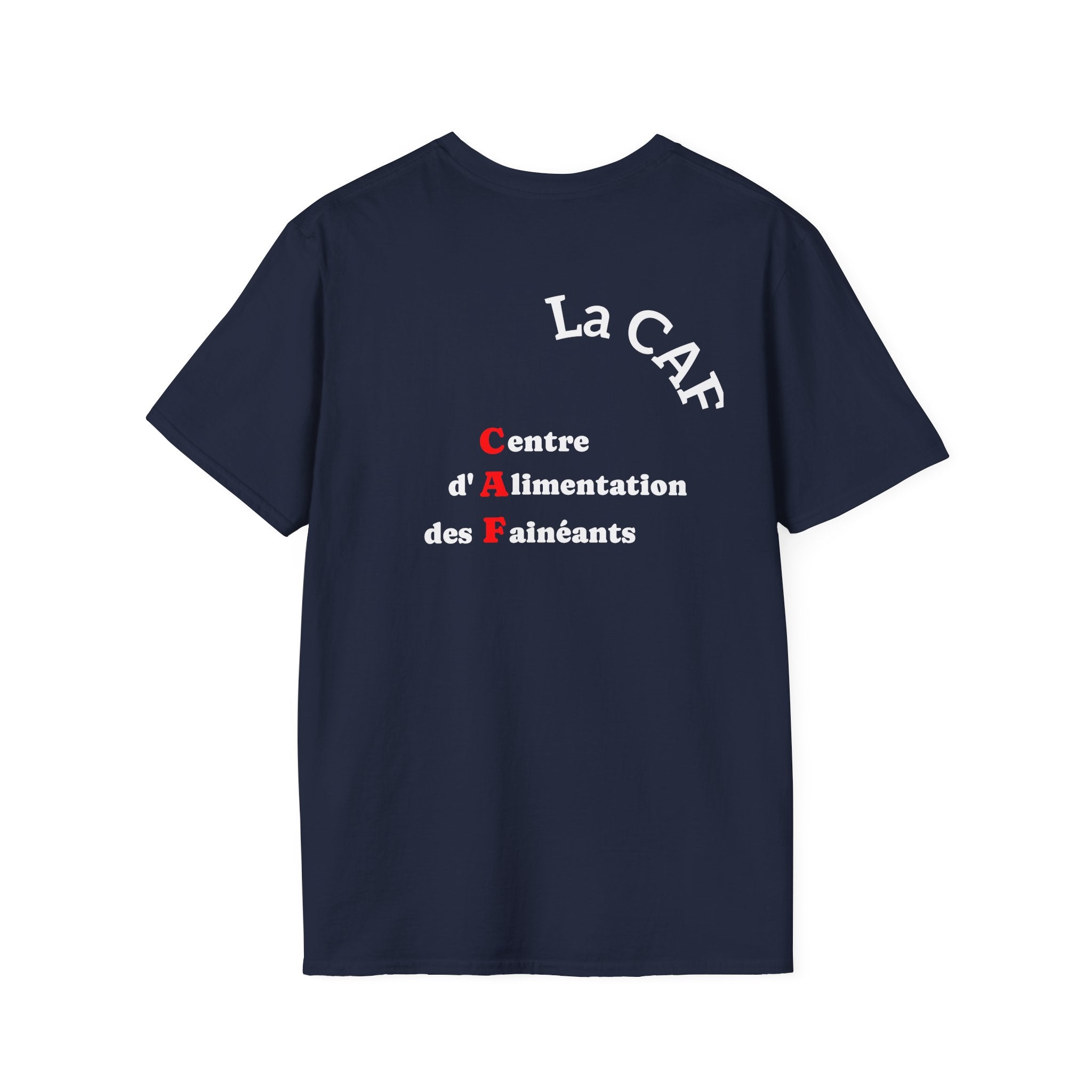T-shirt La Famille Française bleu marine – logo coq tricolore côté cœur et dos inscription humoristique “La CAF : Caisse d'Alimentaiton des Feinéants”.