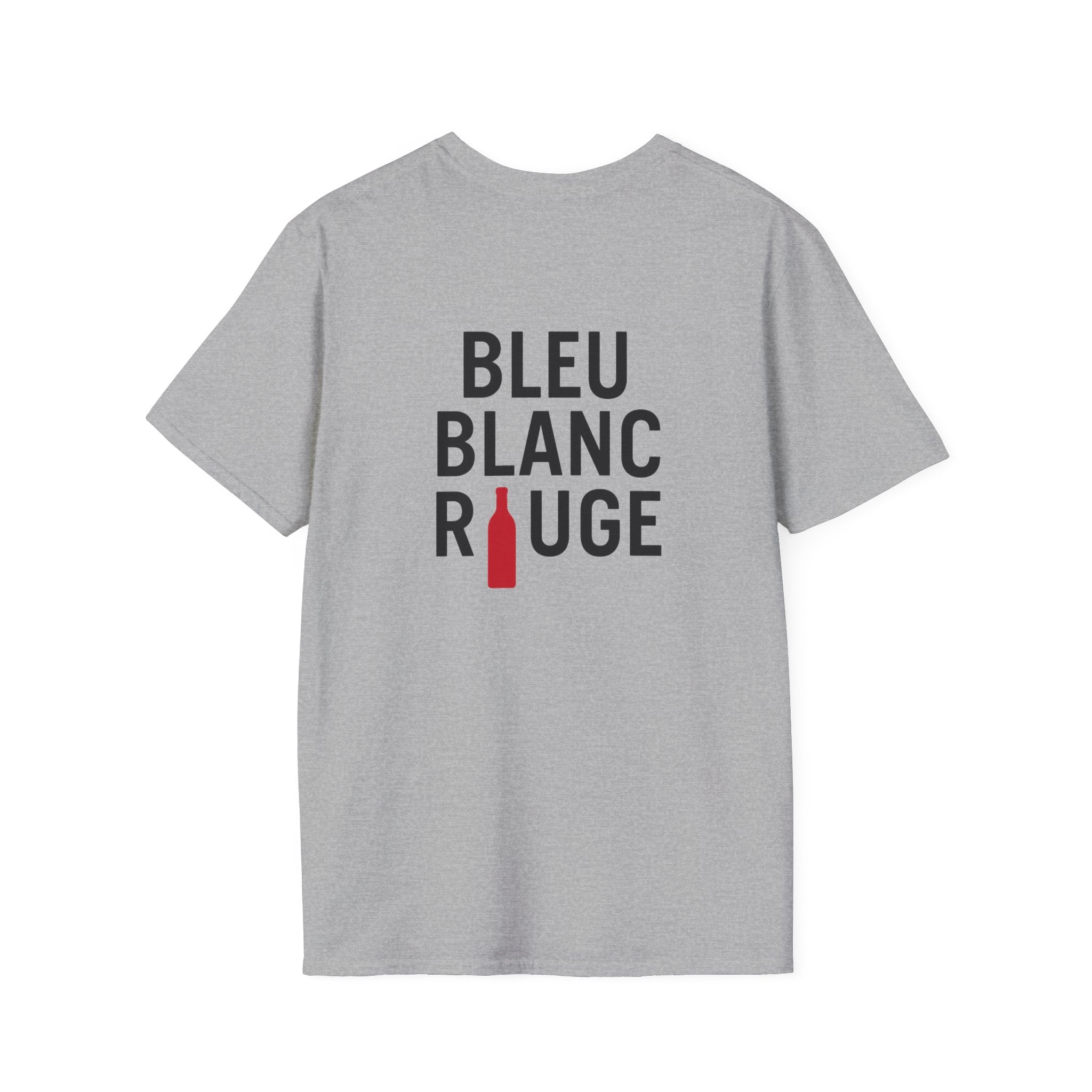 T-shirt La Famille Française gris – logo coq tricolore côté cœur et dos “Bleu Blanc Rouge” avec bouteille de vin rouge à la place du mot "rouge". 
