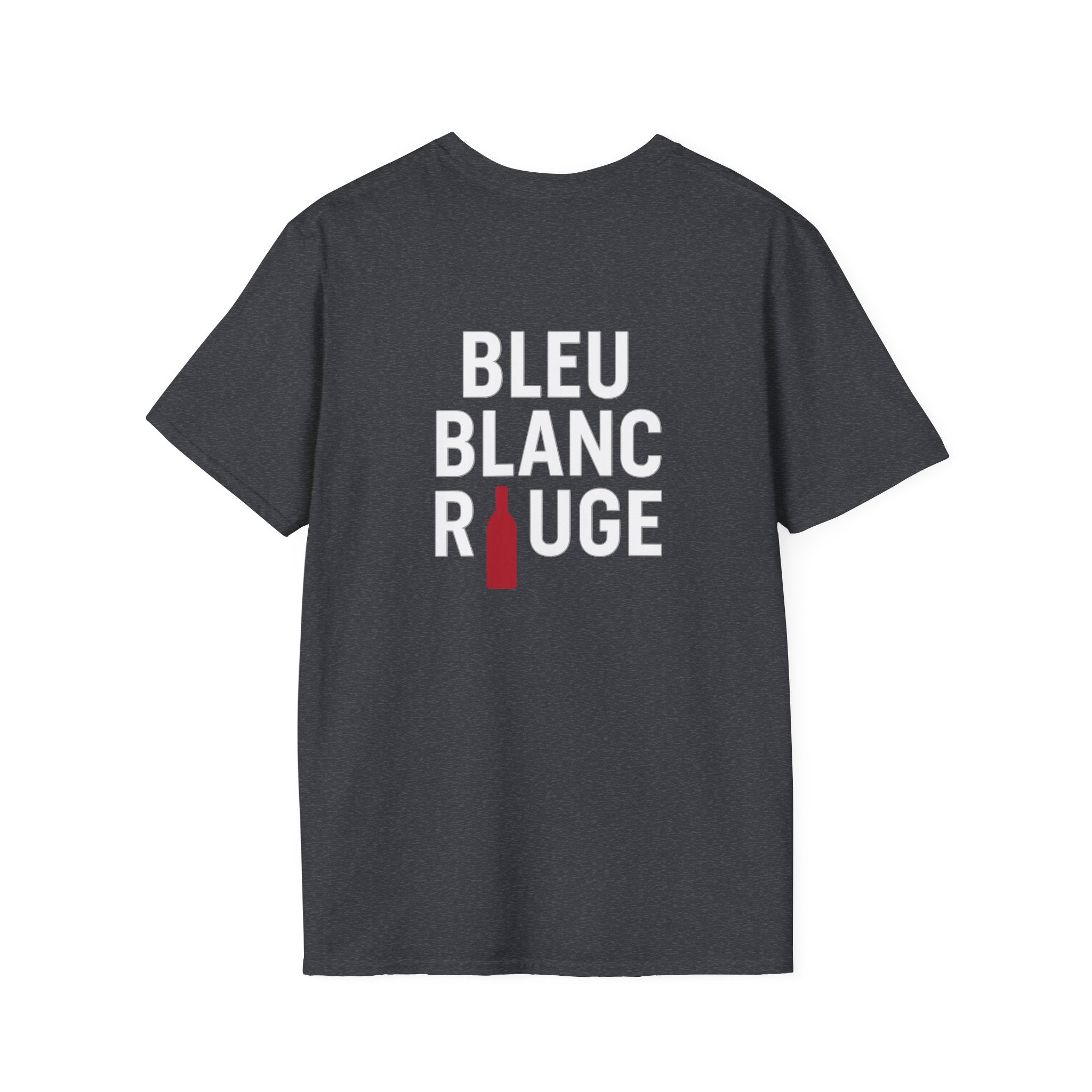 T-shirt La Famille Française gris cendré – logo coq tricolore côté cœur et dos “Bleu Blanc Rouge” avec bouteille de vin rouge à la place du mot "rouge". 