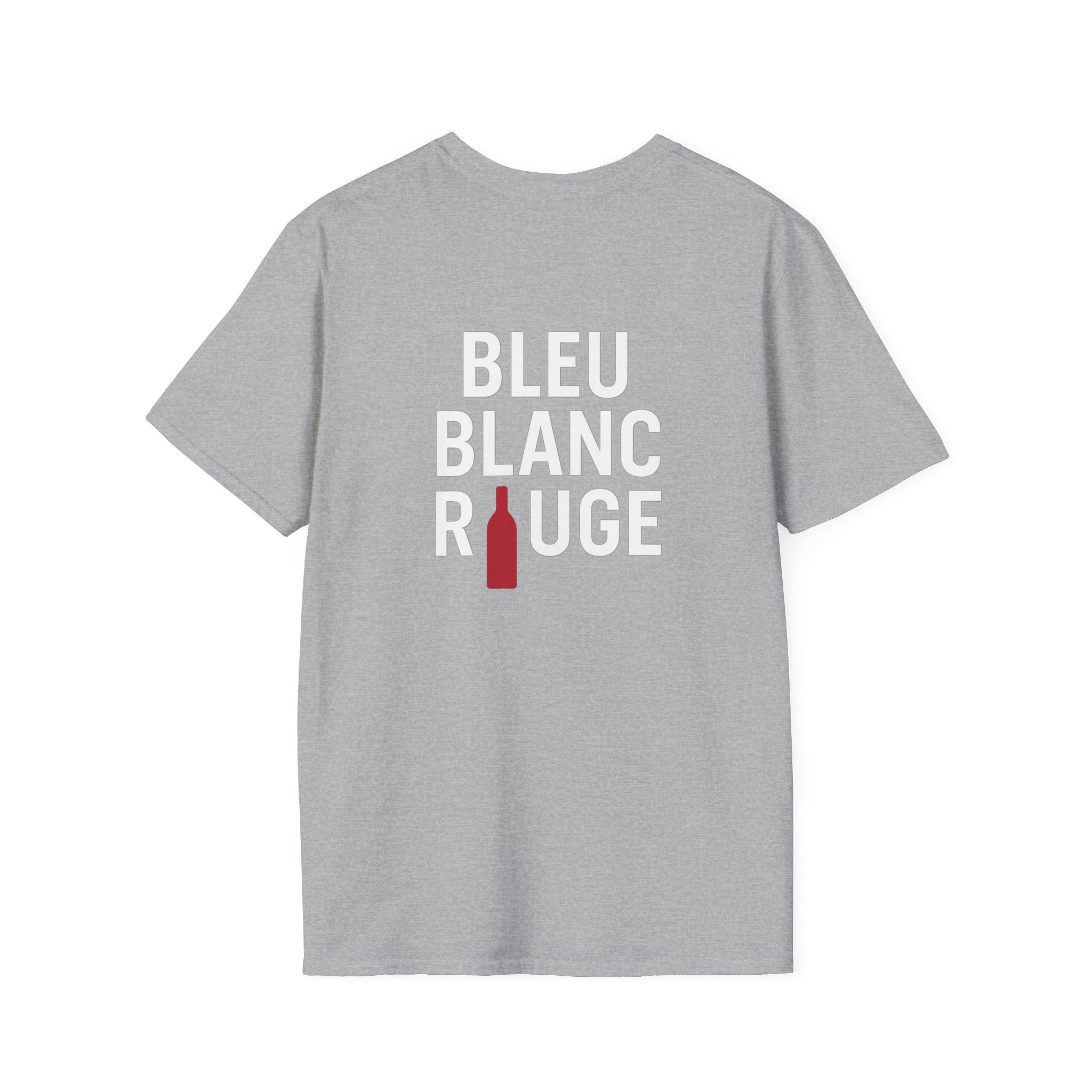 T-shirt La Famille Française gris clair – logo coq tricolore côté cœur et dos “Bleu Blanc Rouge” avec bouteille de vin rouge à la place du mot "rouge". 