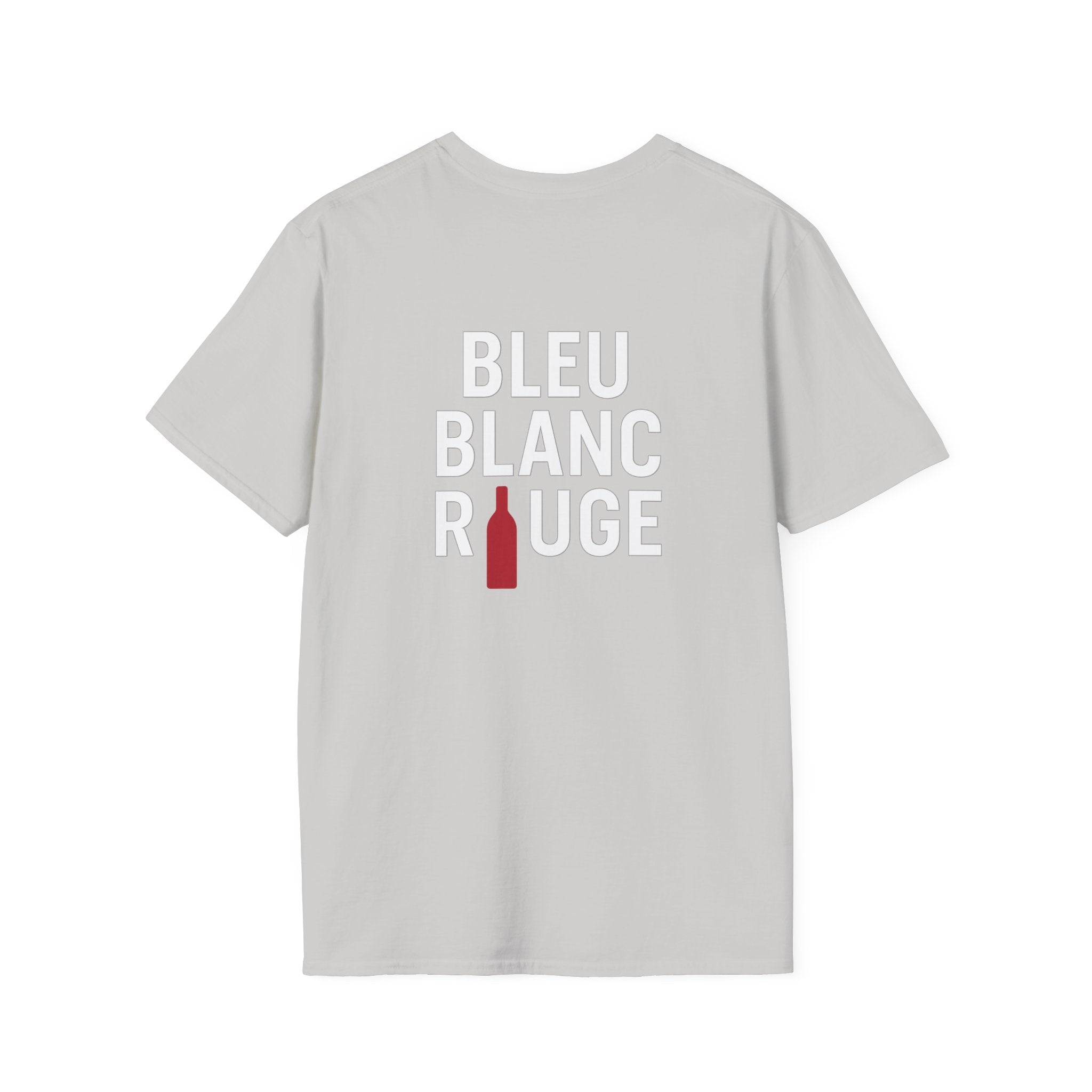 T-shirt La Famille Française gris clair – logo coq tricolore côté cœur et dos “Bleu Blanc Rouge” avec bouteille de vin rouge à la place du mot "rouge". 