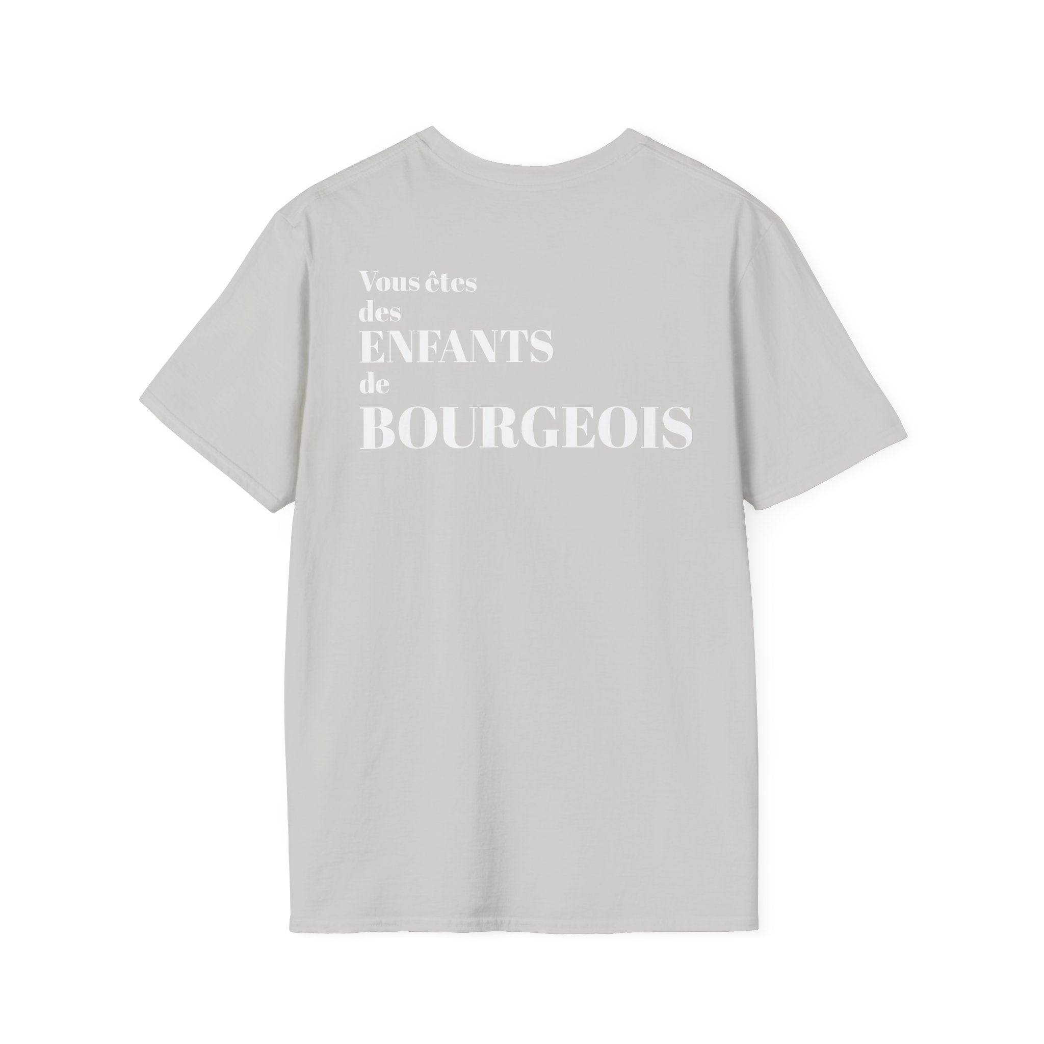 T-shirt La Famille Française gris clair – logo coq tricolore côté cœur et dos inscription humoristique “Vous êtes des enfants de bourgeois”.