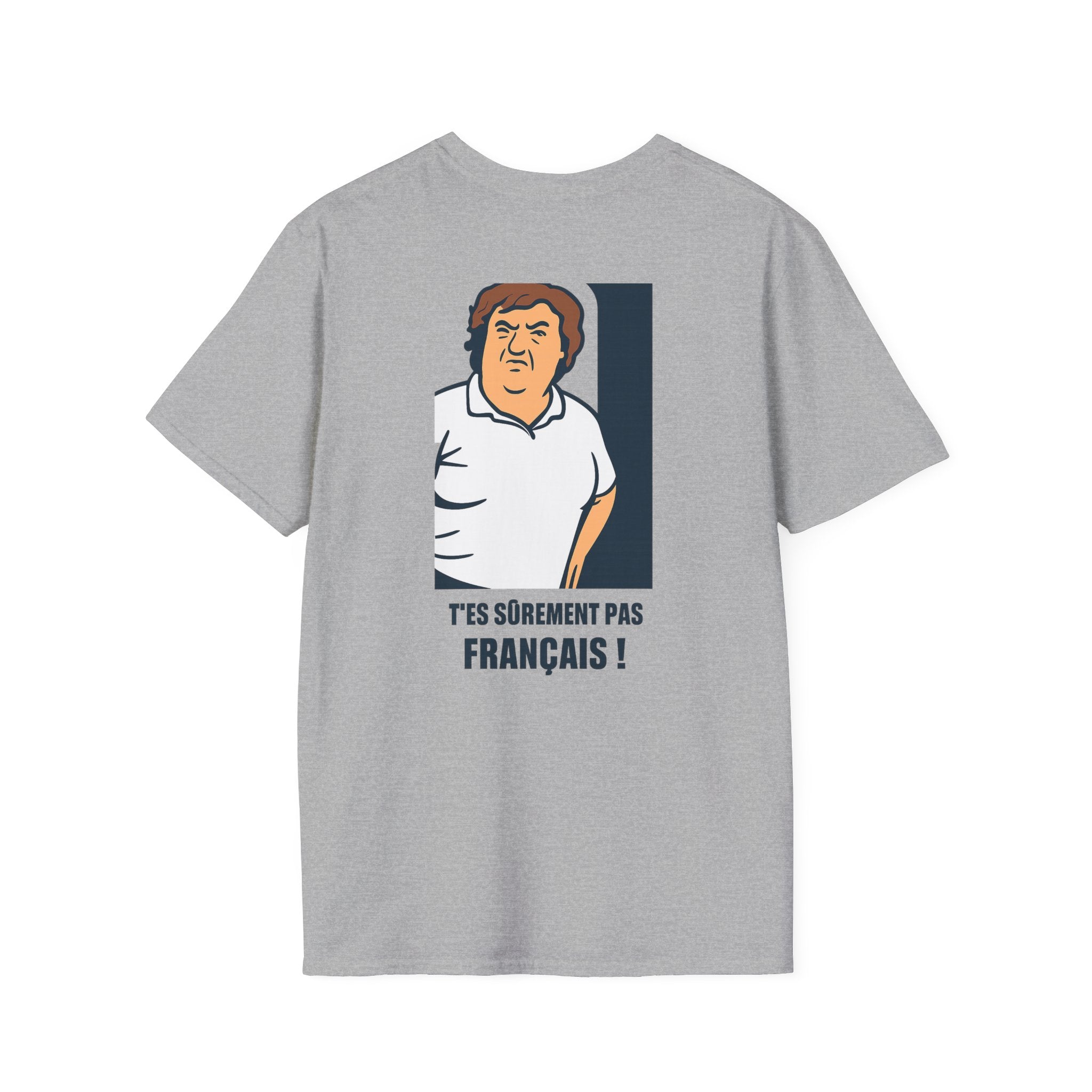 T-shirt La Famille Française gris – logo coq tricolore côté cœur et dos l'illustration humoristique “T'es sûrement pas français”.