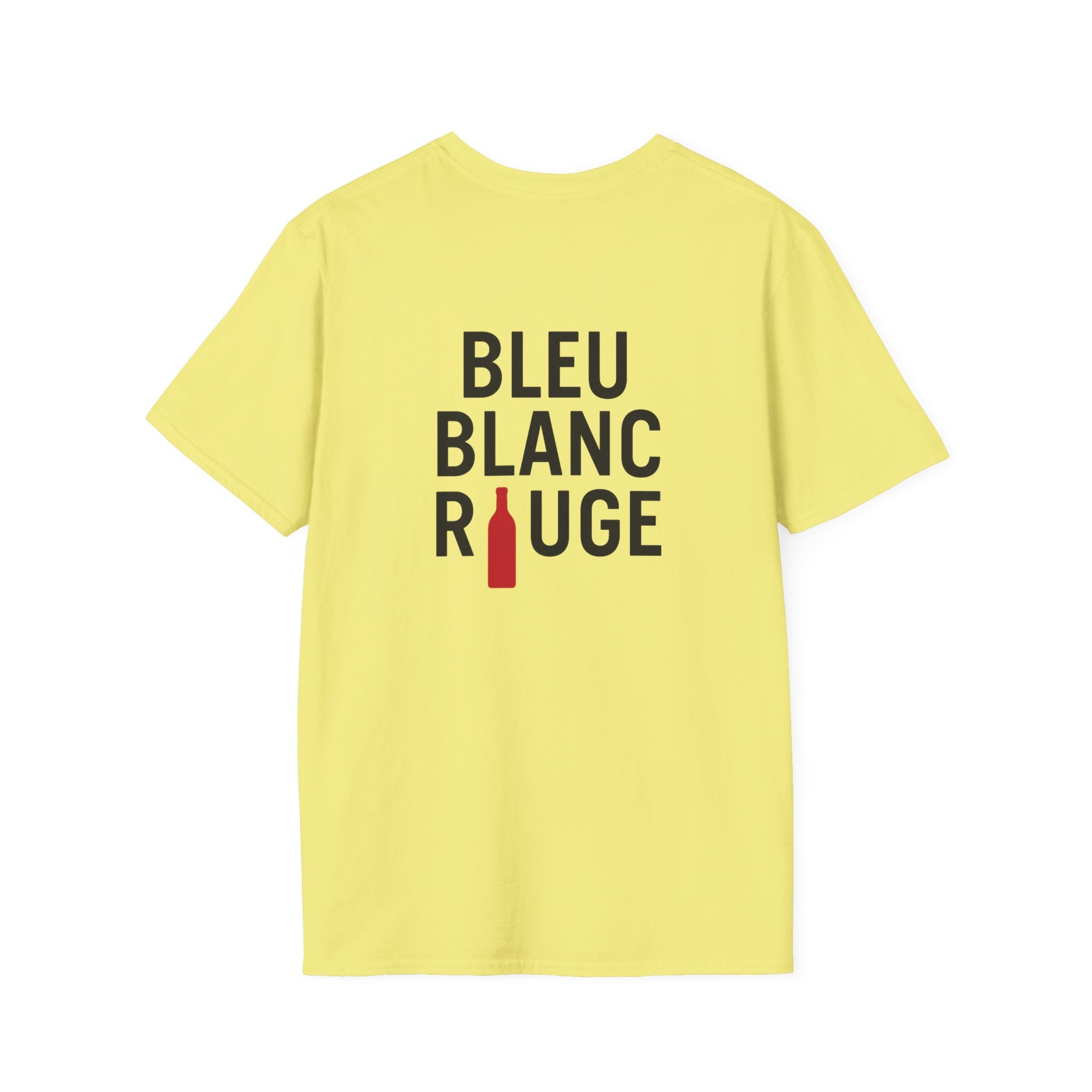 T-shirt La Famille Française jaune – logo coq tricolore côté cœur et dos “Bleu Blanc Rouge” avec bouteille de vin rouge à la place du mot "rouge". 