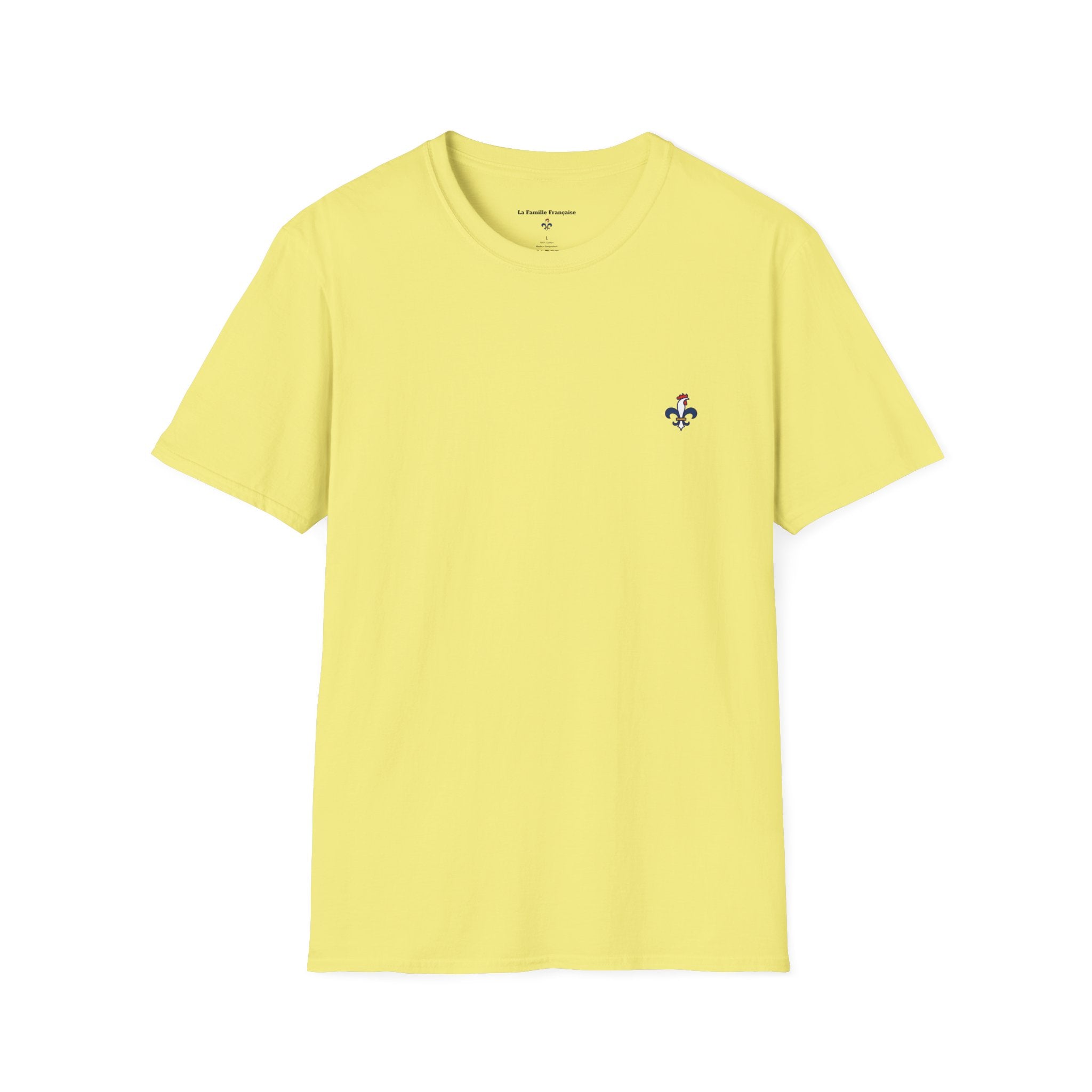 T-shirt La Famille Française jaune – logo coq tricolore côté cœur et dos “Bleu Blanc Rouge” avec bouteille de vin rouge à la place du mot "rouge". 