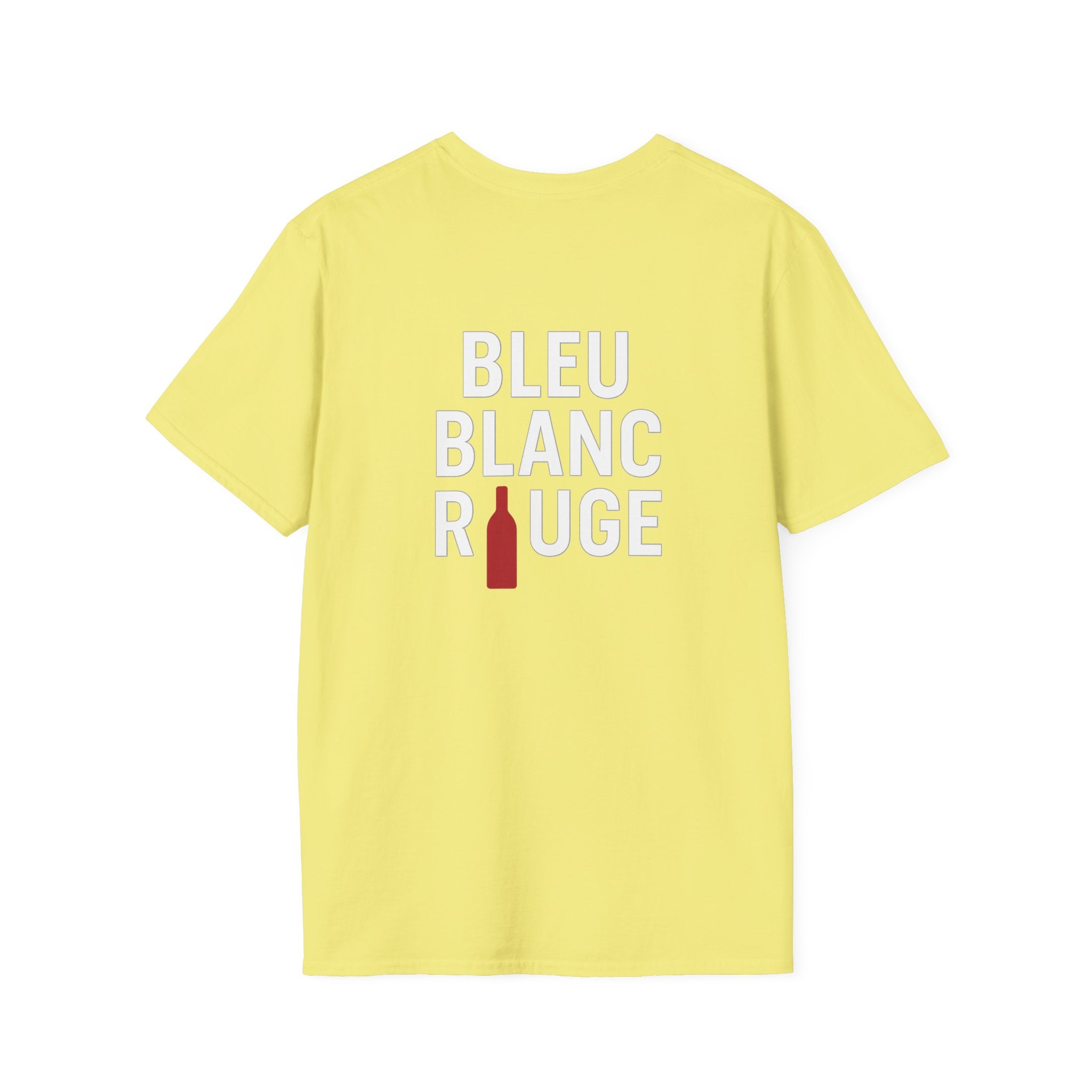 T-shirt La Famille Française jaune clair – logo coq tricolore côté cœur et dos “Bleu Blanc Rouge” avec bouteille de vin rouge à la place du mot "rouge". 