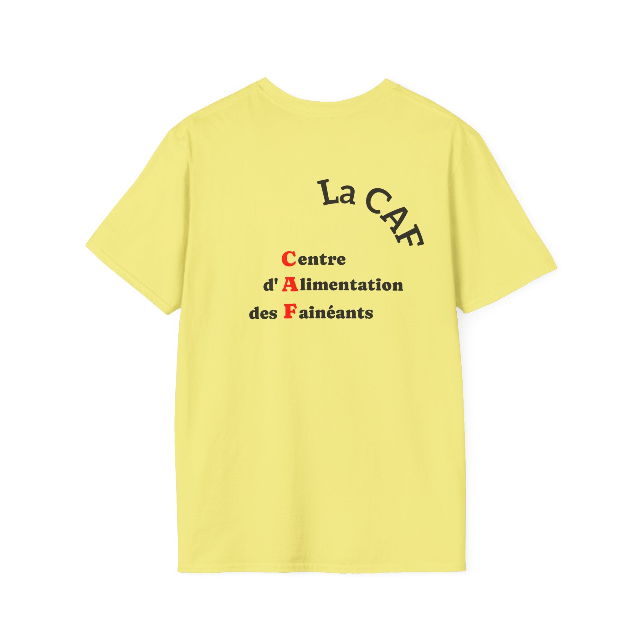 T-shirt La Famille Française jaune clair – logo coq tricolore côté cœur et dos inscription humoristique “La CAF : Caisse d'Alimentaiton des Feinéants”.