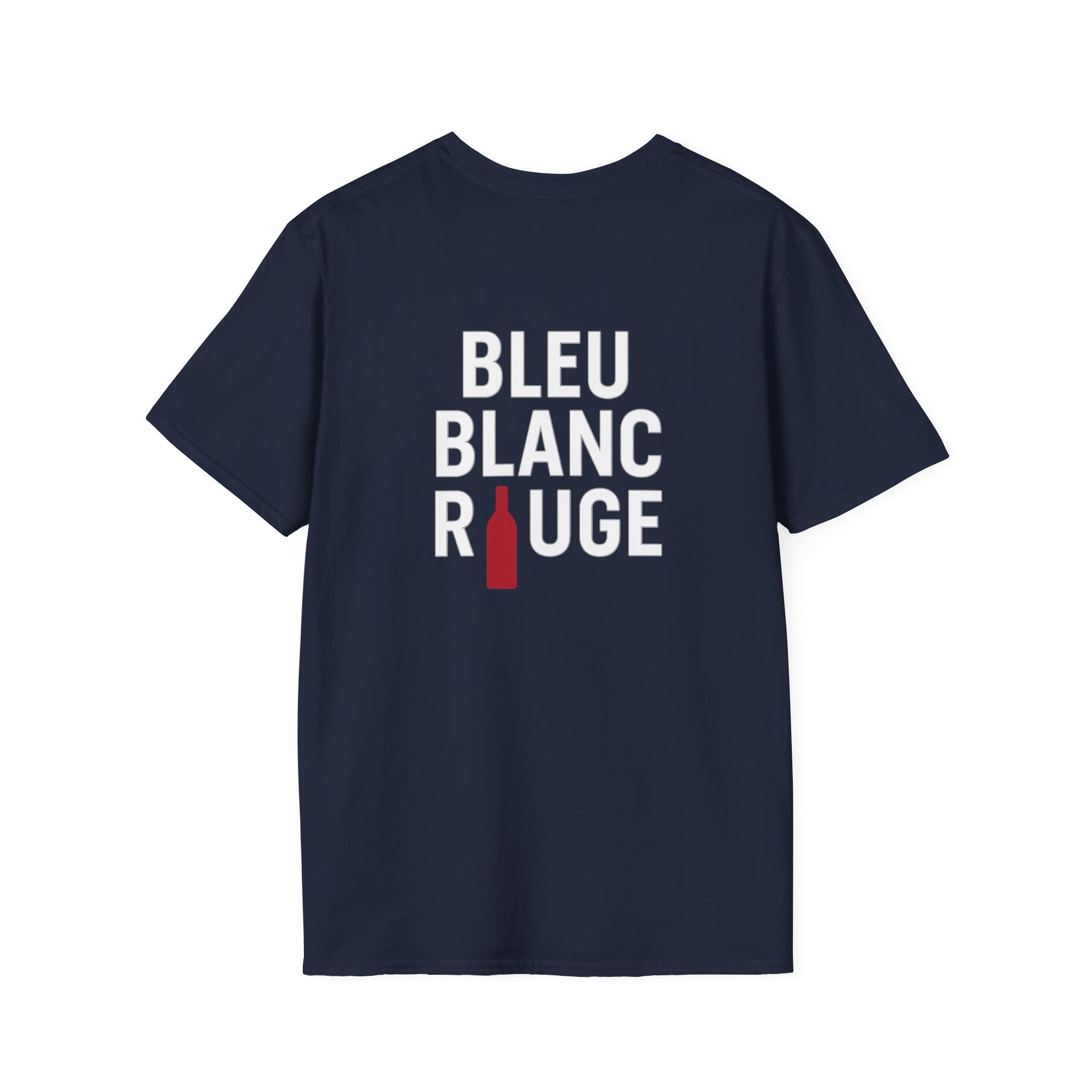T-shirt La Famille Française marine – logo coq tricolore côté cœur et dos “Bleu Blanc Rouge” avec bouteille de vin rouge à la place du mot "rouge". 