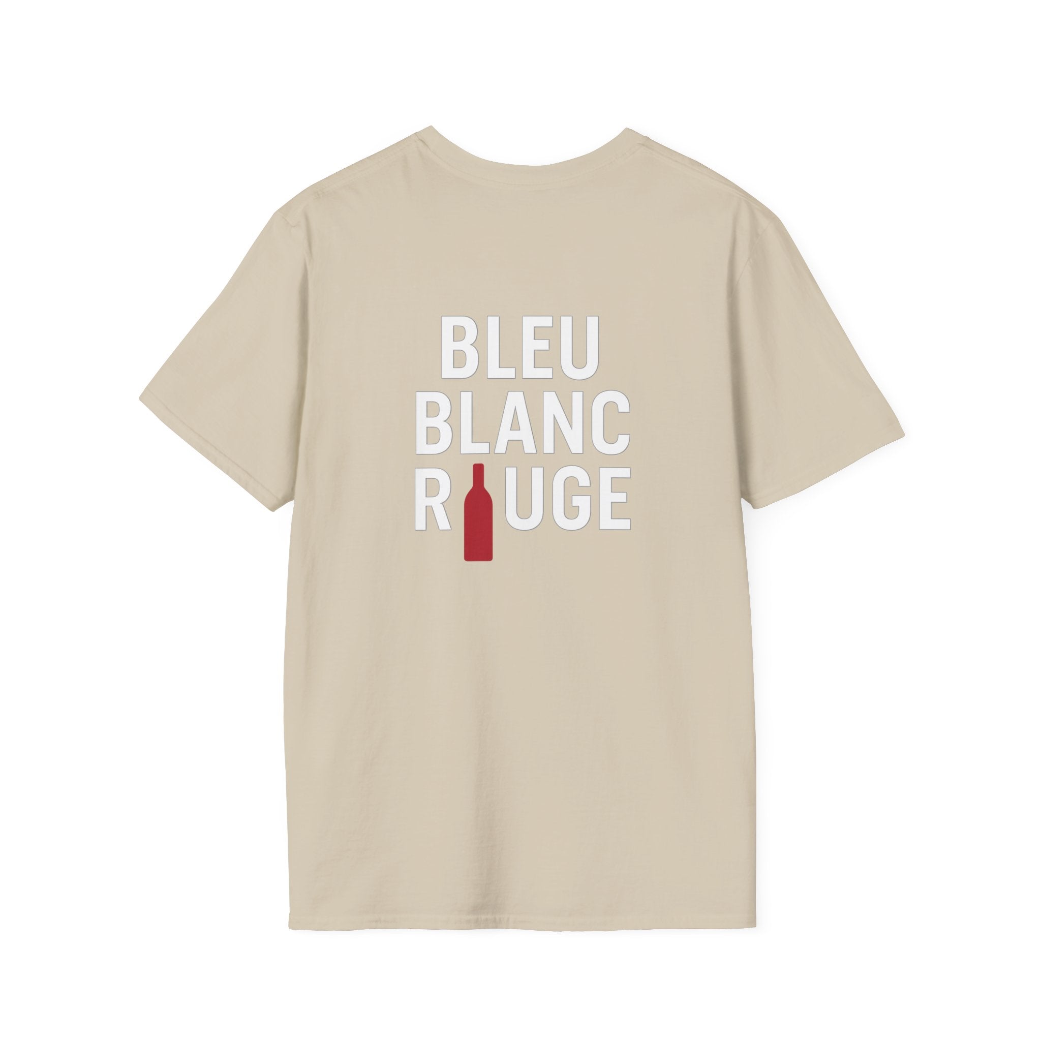 T-shirt La Famille Française marron clair – logo coq tricolore côté cœur et dos “Bleu Blanc Rouge” avec bouteille de vin rouge à la place du mot "rouge". 