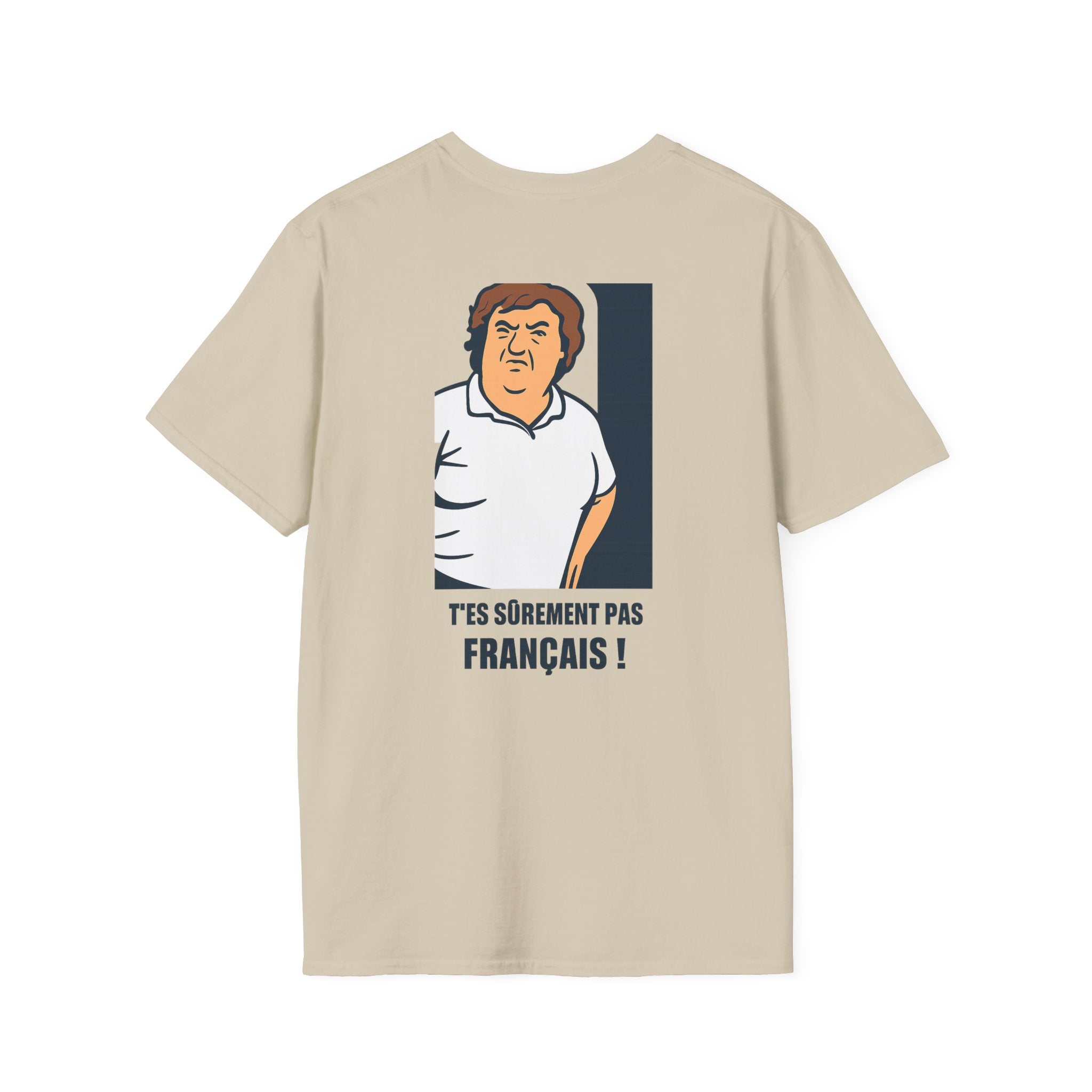 T-shirt La Famille Française marron clair – logo coq tricolore côté cœur et dos l'illustration humoristique “T'es sûrement pas français”.