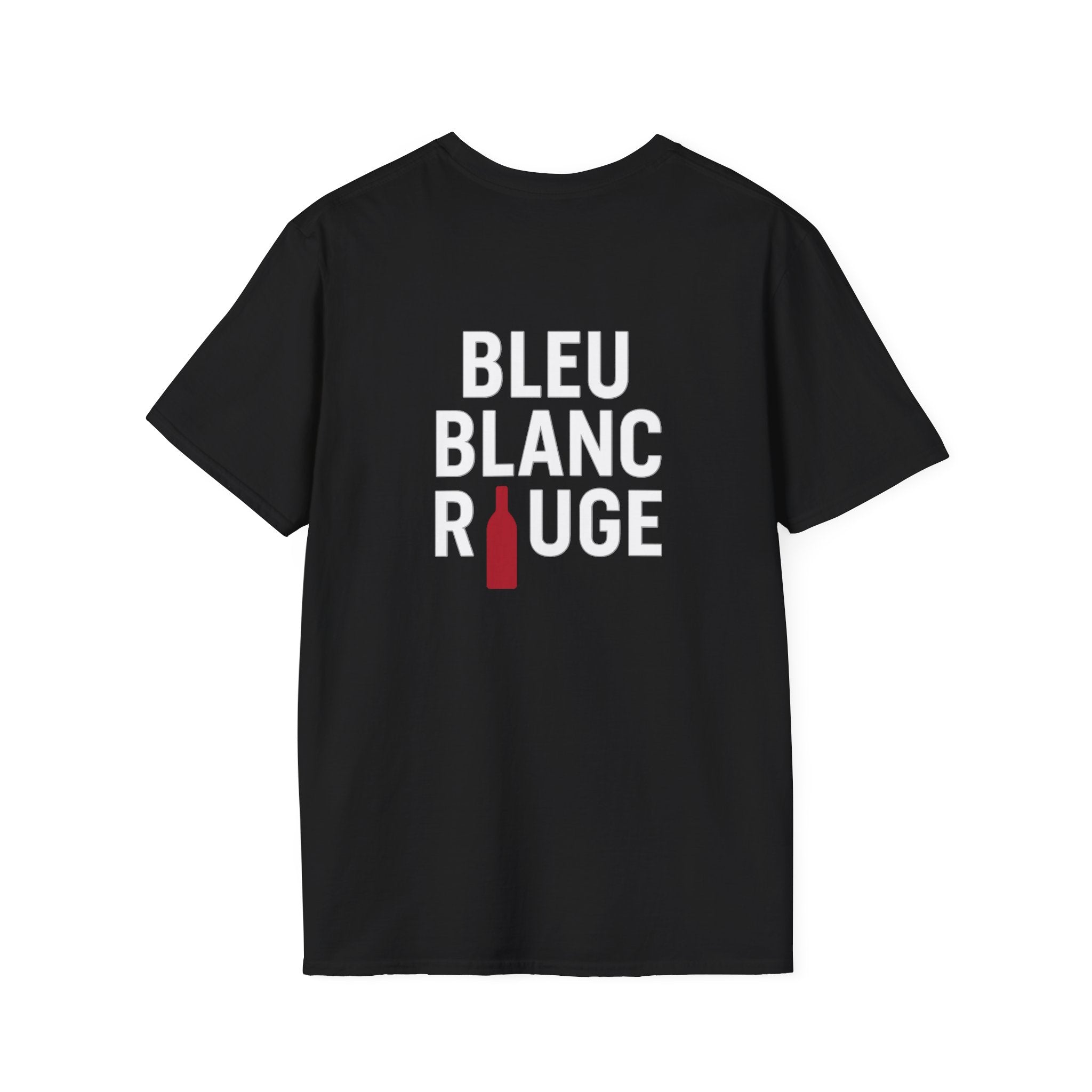 T-shirt La Famille Française noir – logo coq tricolore côté cœur et dos “Bleu Blanc Rouge” avec bouteille de vin rouge à la place du mot "rouge". 