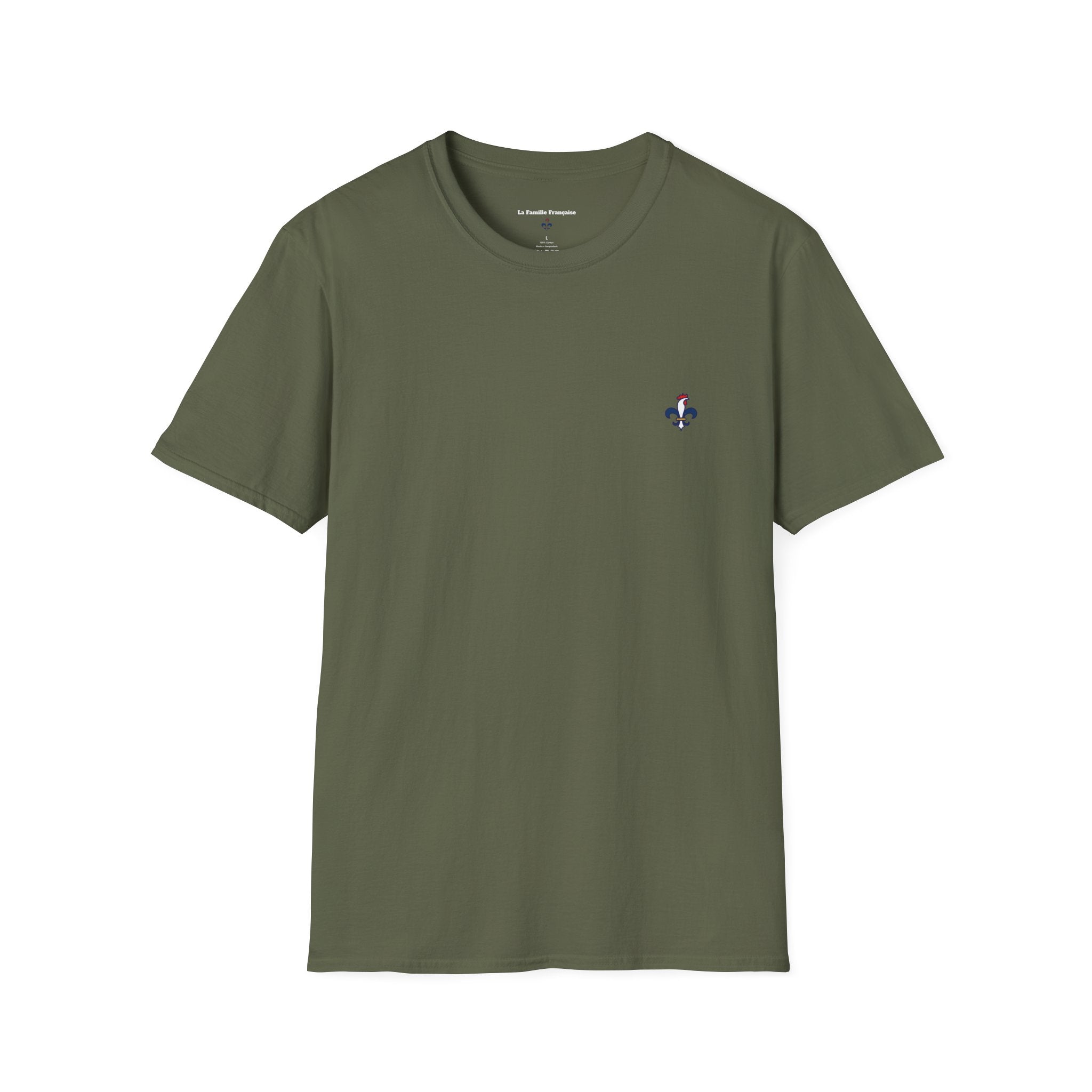T-shirt La Famille Française vert foncé – logo coq tricolore côté cœur et dos inscription humoristique “Vous êtes des enfants de bourgeois”.