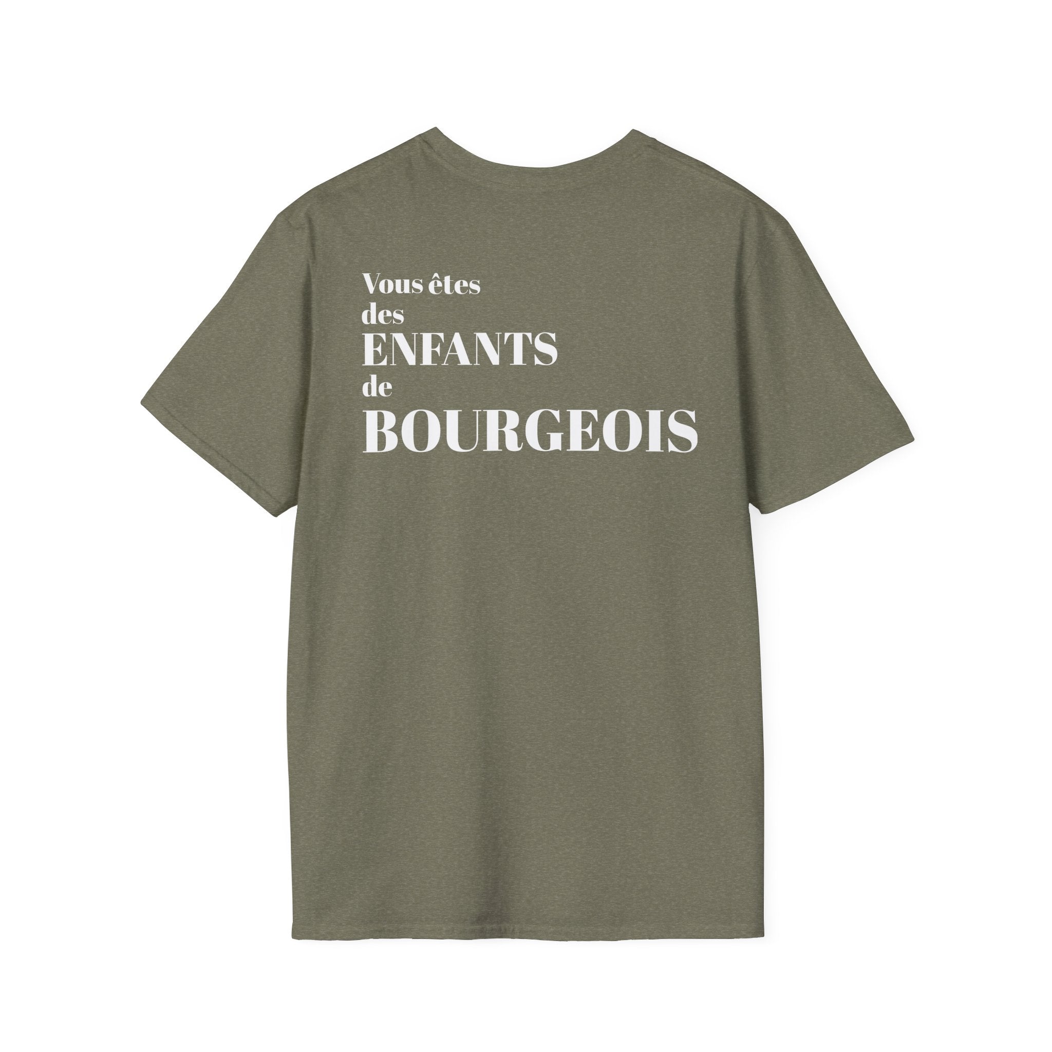T-shirt La Famille Française vert kaki – logo coq tricolore côté cœur et dos inscription humoristique “Vous êtes des enfants de bourgeois”.