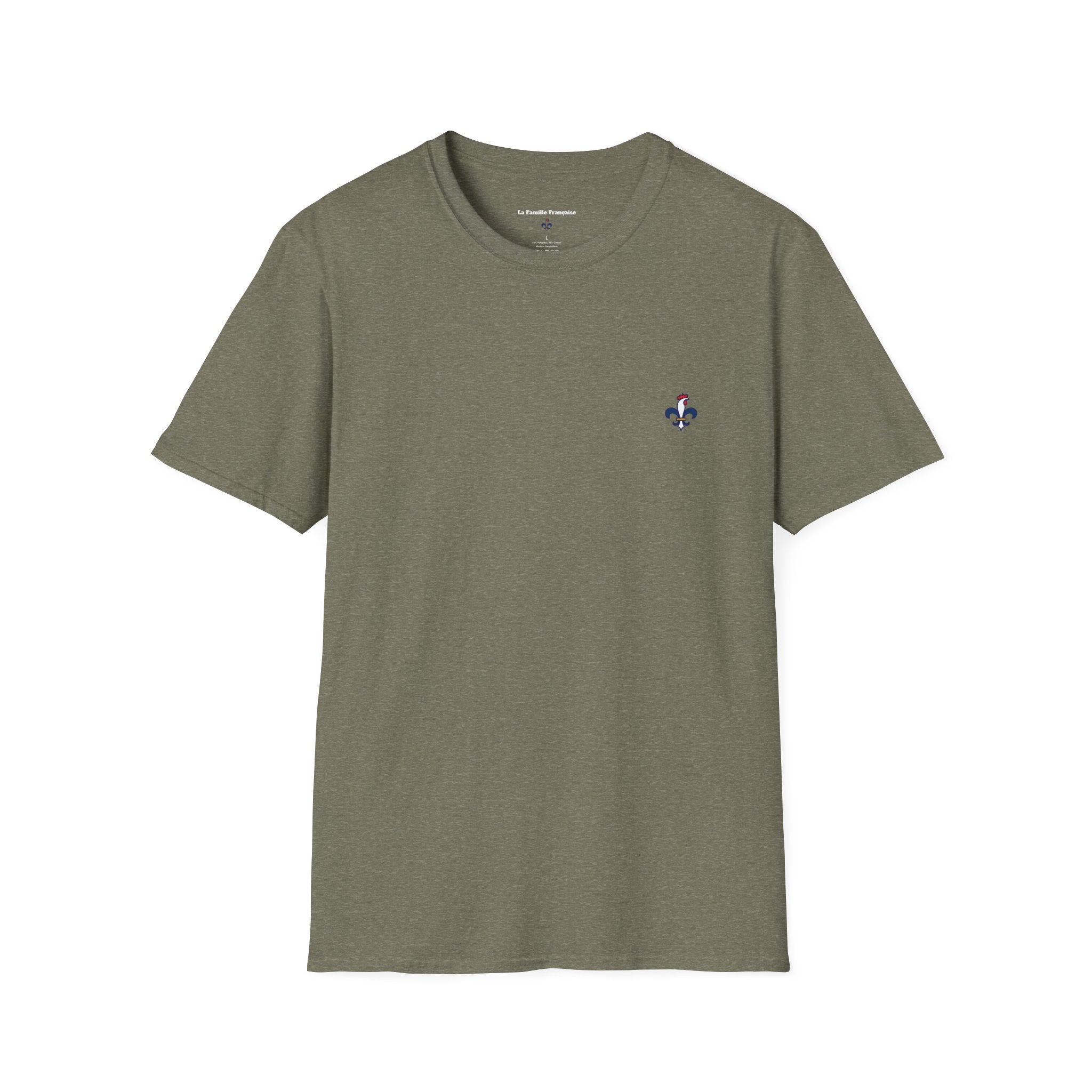 T-shirt La Famille Française vert kaki – logo coq tricolore côté cœur et dos inscription humoristique “Vous êtes des enfants de bourgeois”.