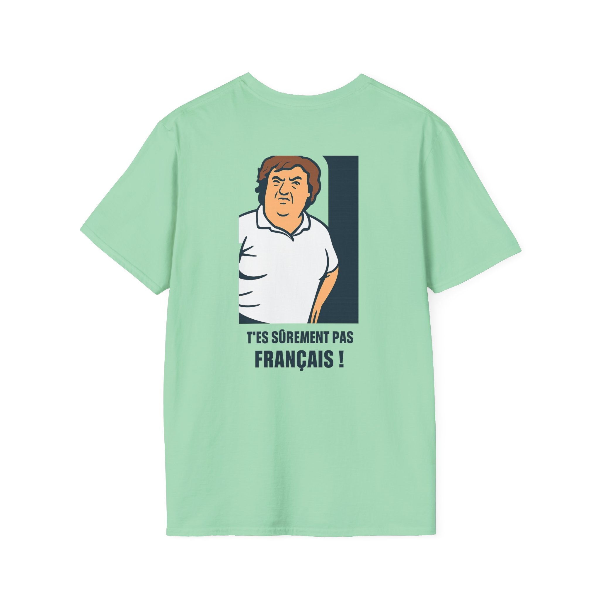 T-shirt La Famille Française vert menthe – logo coq tricolore côté cœur et dos l'illustration humoristique “T'es sûrement pas français”.