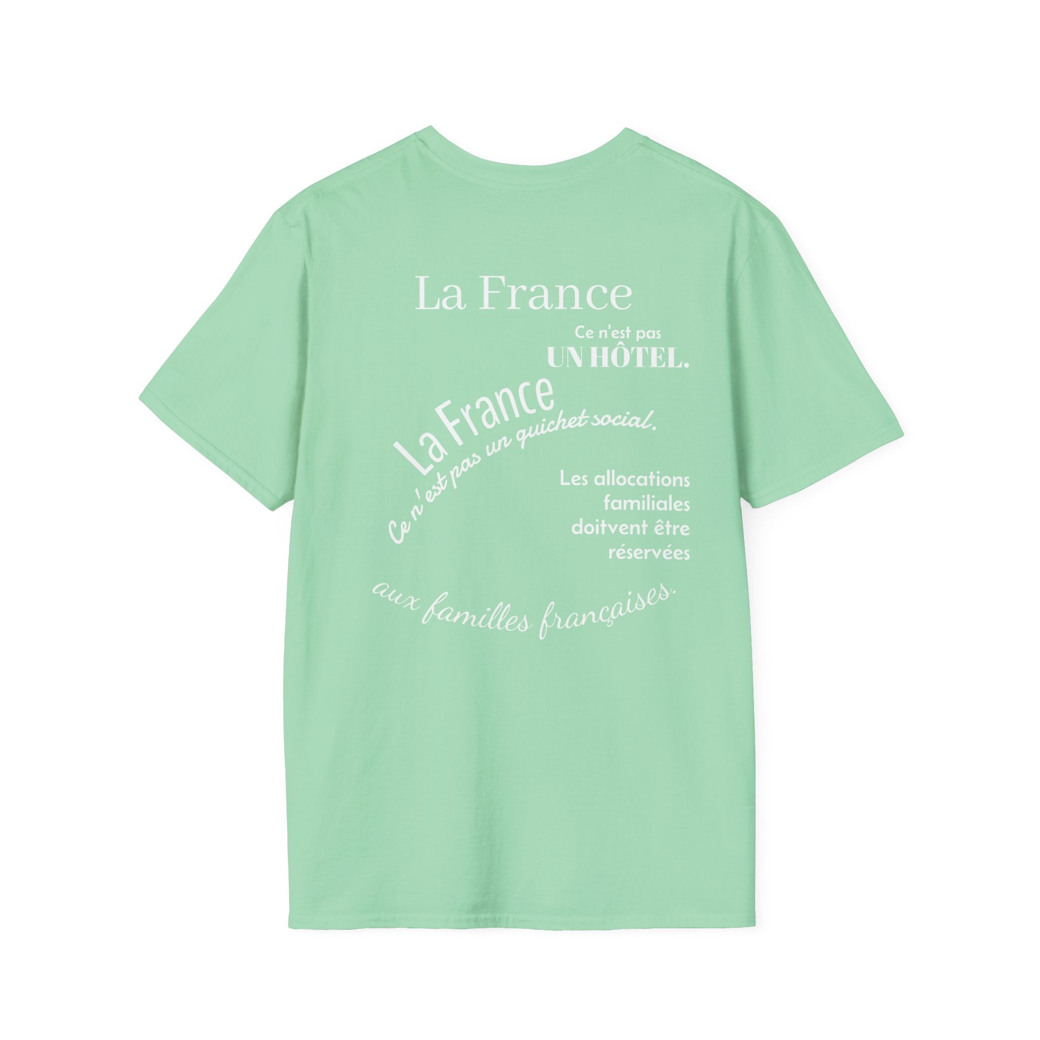 T-shirt La Famille Française vert menthe – logo coq tricolore côté cœur et dos inscription humoristique “La France ce n'est pas un hôtel”.