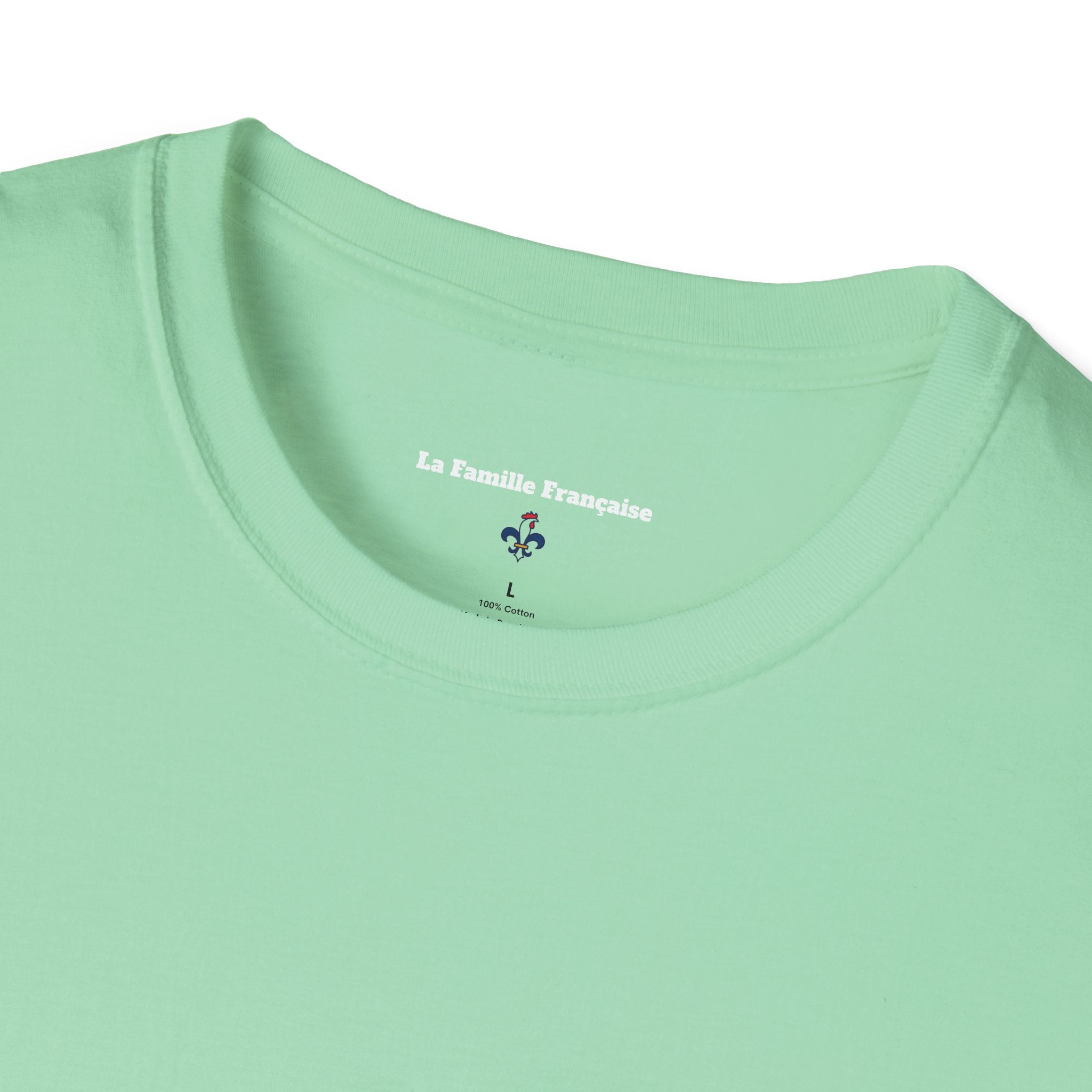 T-shirt La Famille Française vert menthe – logo coq tricolore côté cœur et dos inscription humoristique “La France ce n'est pas un hôtel”.