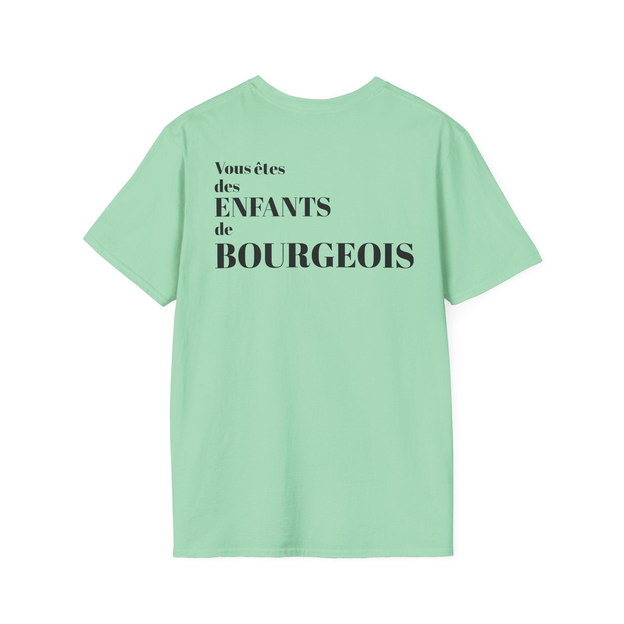 T-shirt La Famille Française vert menthe – logo coq tricolore côté cœur et dos inscription humoristique “Vous êtes des enfants de bourgeois”.