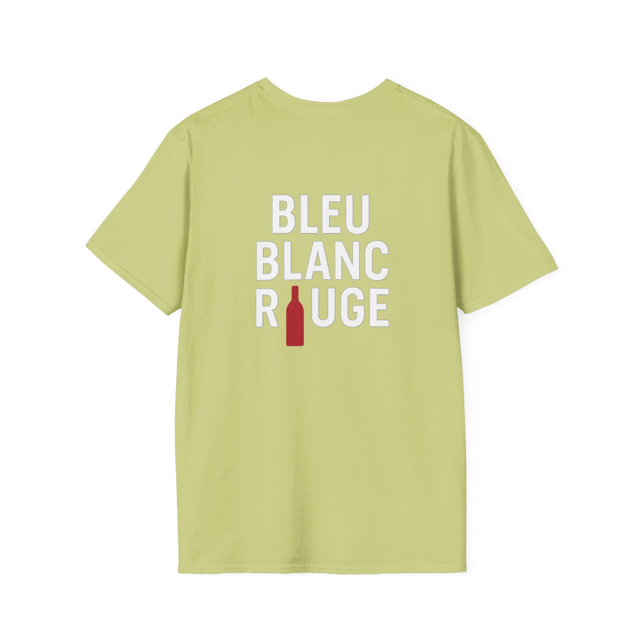 T-shirt La Famille Française vert pistache – logo coq tricolore côté cœur et dos “Bleu Blanc Rouge” avec bouteille de vin rouge à la place du mot "rouge". 