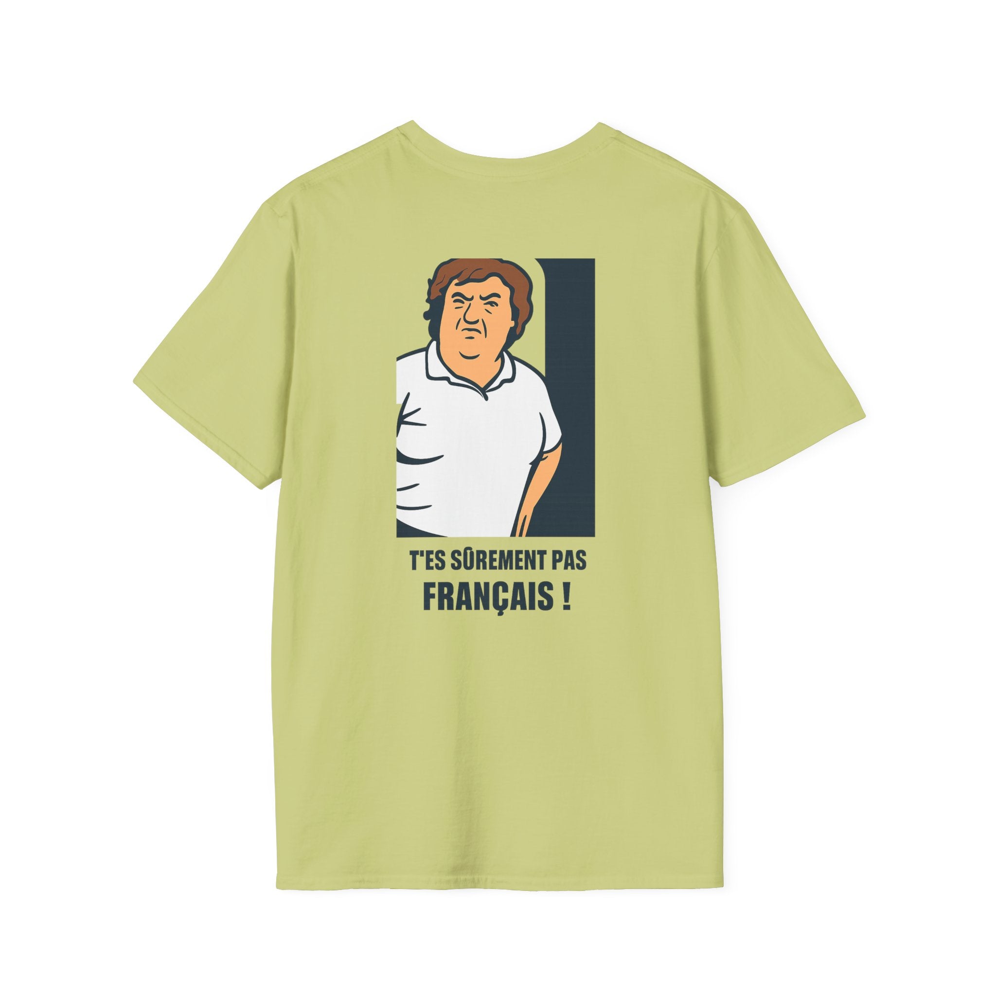 T-shirt La Famille Française vert pistache – logo coq tricolore côté cœur et dos l'illustration humoristique “T'es sûrement pas français”.