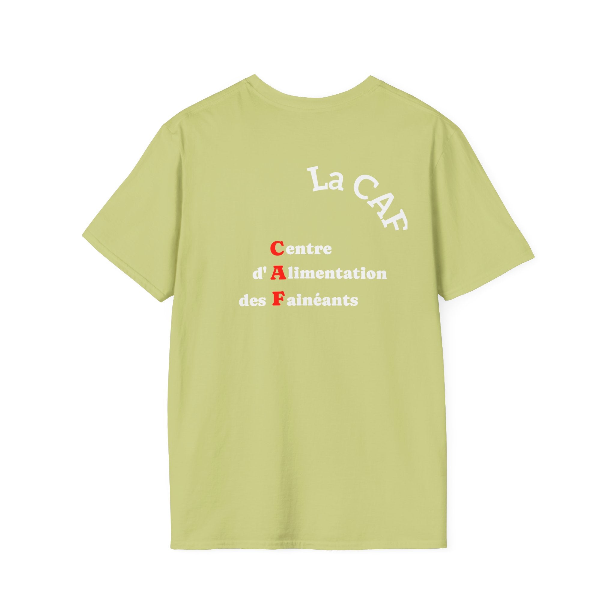 T-shirt La Famille Française vert pistache – logo coq tricolore côté cœur et dos inscription humoristique “La CAF : Caisse d'Alimentaiton des Feinéants”.