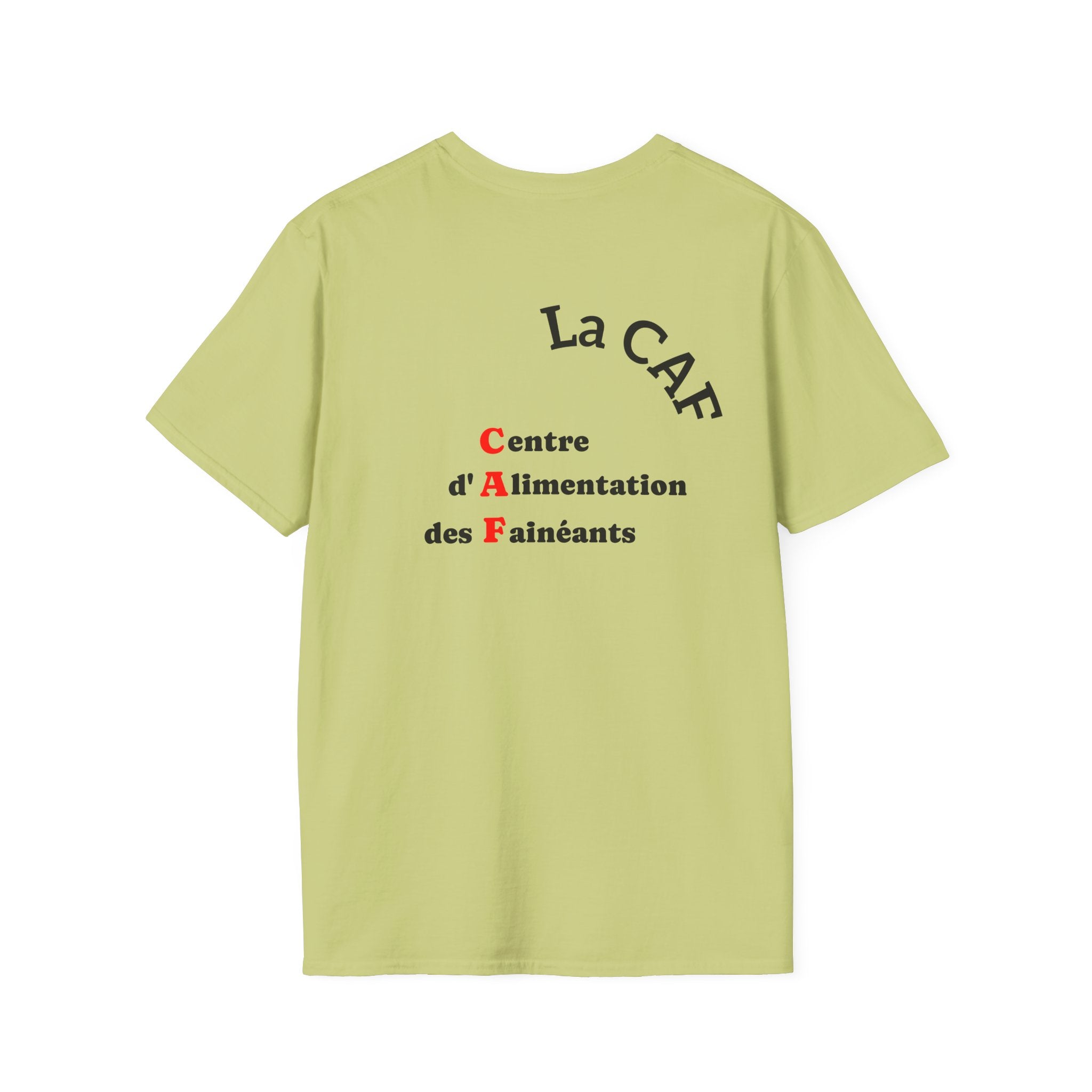 T-shirt La Famille Française vert pistache – logo coq tricolore côté cœur et dos inscription humoristique “La CAF : Caisse d'Alimentaiton des Feinéants”.