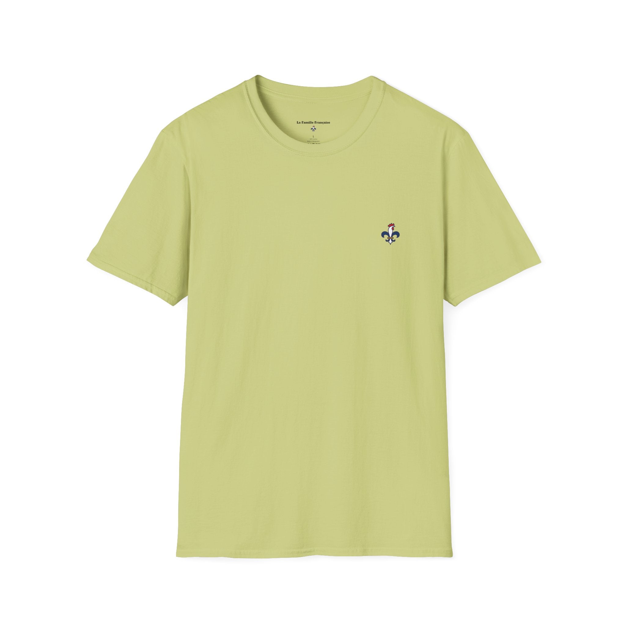 T-shirt La Famille Française vert pistache – logo coq tricolore côté cœur et dos inscription humoristique “La CAF : Caisse d'Alimentaiton des Feinéants”.